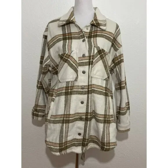 Eloquii Elements Size 14/16 Cream Tan Plaid Wool Blend Shacket with Belt Pocket - Picture 2 of 13
